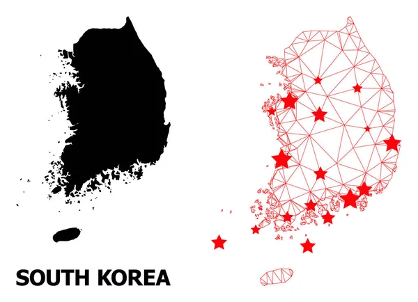 Drátěný rám Polygonální mapa Jižní Koreje s červenými hvězdami — Stockový vektor