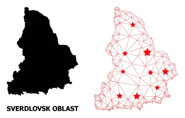 Сеть Полигональная карта Свердловской области с красными звездами — стоковый вектор