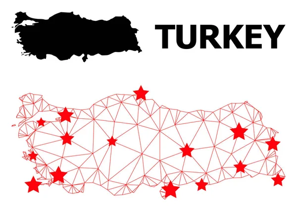 Karkasse Polygonale Landkarte der Türkei mit roten Sternen — Stockvektor