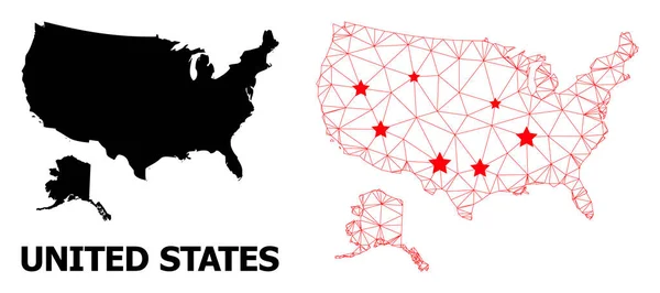 2D Polygonal Χάρτης των ΗΠΑ και της Αλάσκας με κόκκινα αστέρια — Διανυσματικό Αρχείο