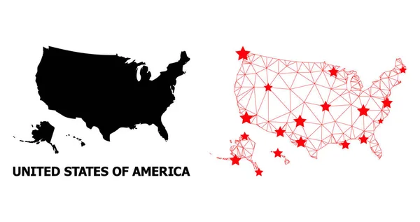 Каркас Полигональная карта территории США с красными звездами — стоковый вектор