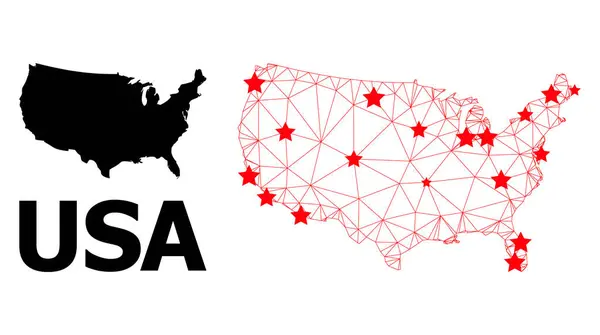Полигональная карта США с красными звёздами — стоковый вектор