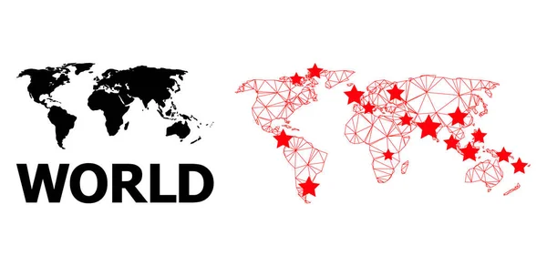 Carcass Mapa Poligonal del Mundo con Estrellas Rojas — Vector de stock