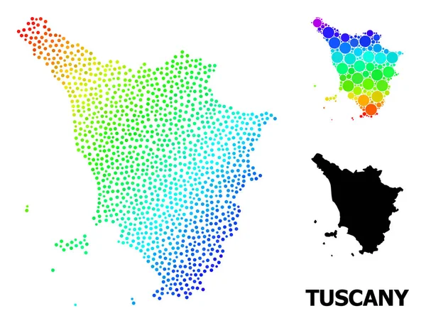 Vector arco iris coloreado mapa punteado de la región de Toscana — Vector de stock