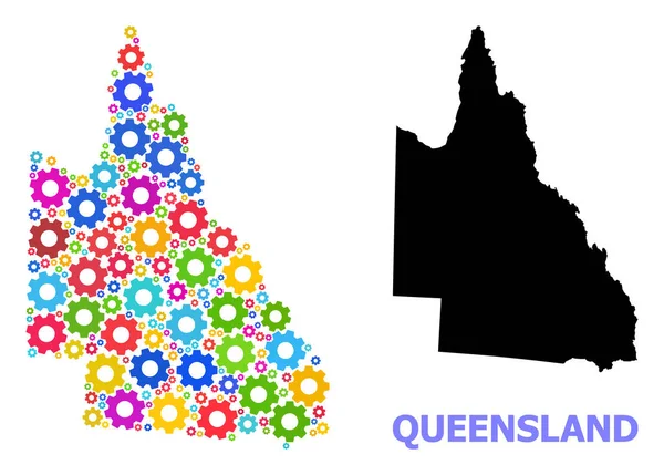 Industrial Composition Map of Australian Queensland with Colorful Cogs — 스톡 벡터