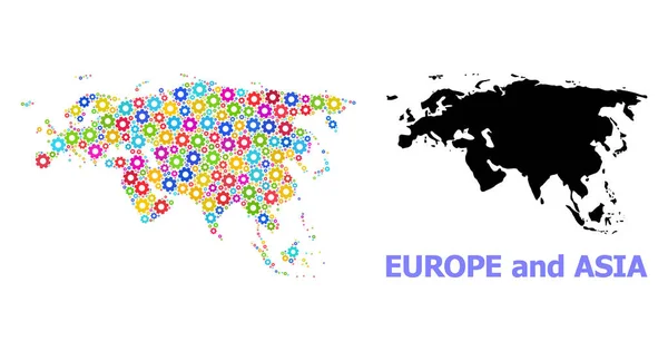 Industriell mosaikkarta över Europa och Asien med färgglada kugghjul — Stock vektor