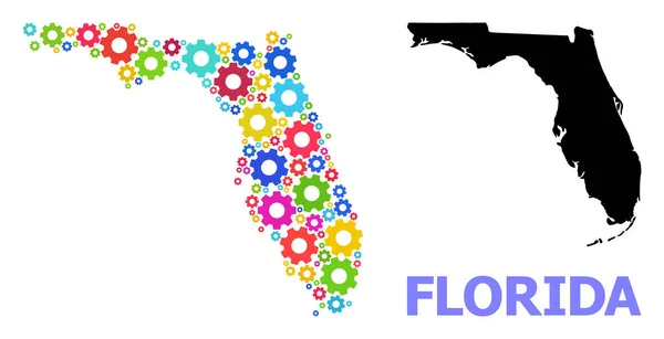 Service Samenstelling Kaart van Florida State met gekleurde Cogs — Stockvector