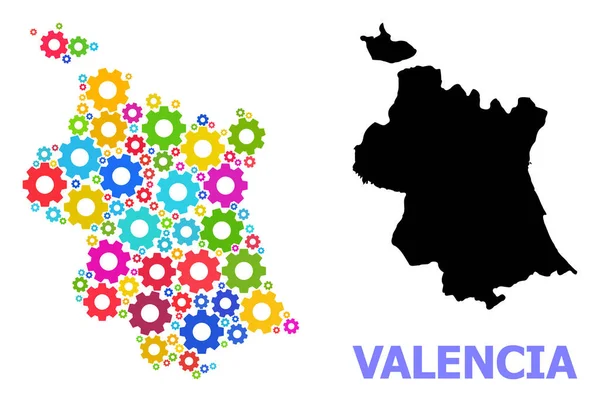 Mechanics Collage Map of Valencia Province with Multi-Colored Cogs — Stock Vector