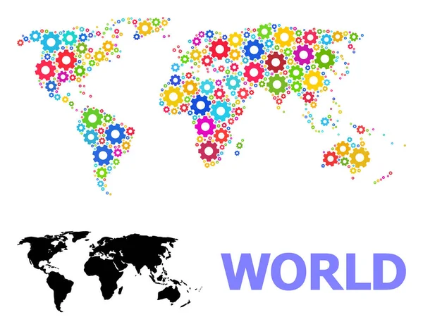 Mapa de composición mecánica del mundo con ruedas de engranajes multicolores — Archivo Imágenes Vectoriales