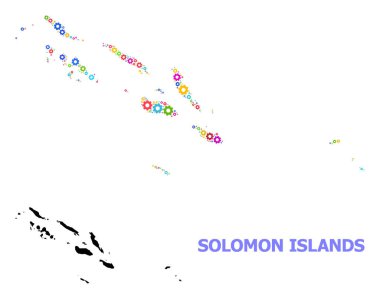 Solomon Adaları 'nın Renkli Dişli Tekerlekli Atölye Kolajı Haritası