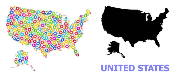 Μηχανικός ψηφιδωτός χάρτης των ΗΠΑ και της Αλάσκας των πολύχρωμων τροχών — Διανυσματικό Αρχείο