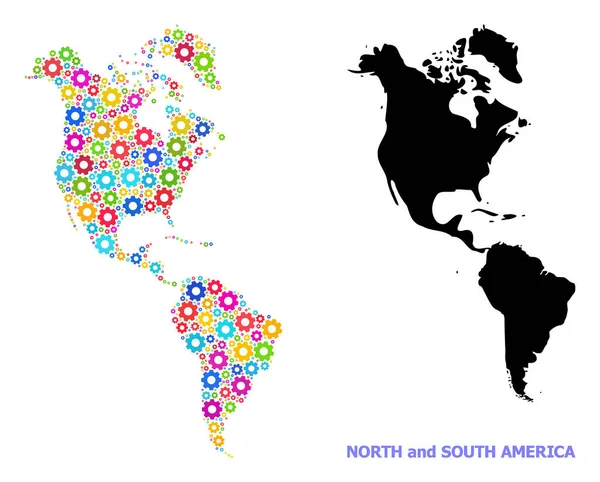 Industriële Samenstelling Kaart van Zuid- en Noord-Amerika van Heldere Wielen — Stockvector