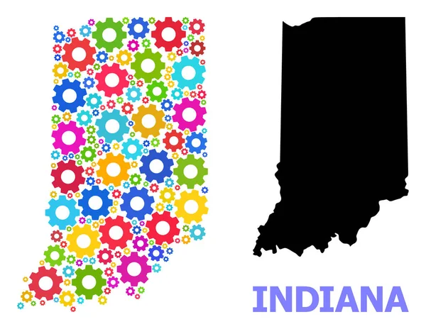 Mosaico Industrial Mapa del estado de Indiana con ruedas de colores — Vector de stock