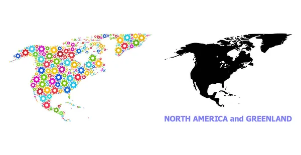 Collage mecánico Mapa de América del Norte y Groenlandia con ruedas multicolores — Vector de stock