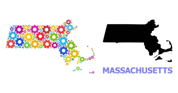 Mapa de la composición de ingeniería del estado de Massachusetts de ruedas de engranajes coloridos — Vector de stock