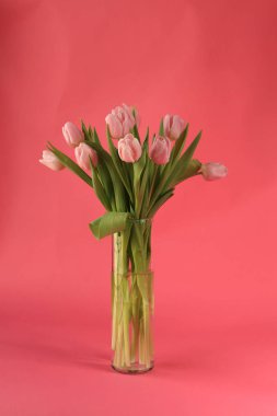 Cam vazo içinde sunulan Lale buketi