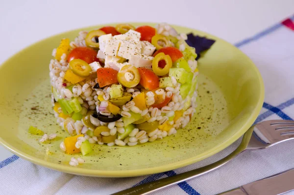 Ensalada Cebada Perla Con Verduras Bellamente Decoradas Plato —  Fotos de Stock