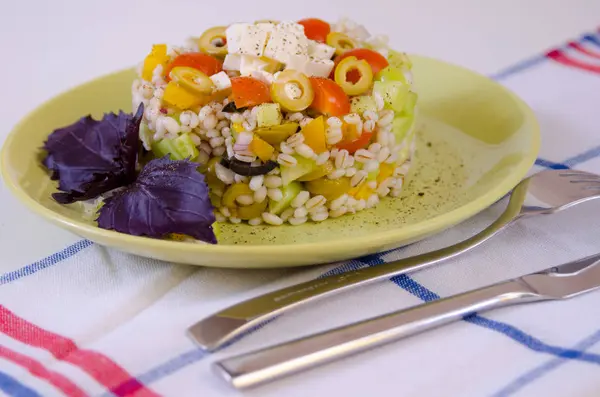 Ensalada Cebada Perla Con Verduras Bellamente Decoradas Plato —  Fotos de Stock