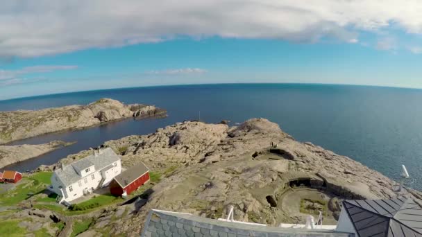 Норвегия Линдеснес Панорама Вершины Маяка Вид Каменистый Ландшафт Море — стоковое видео