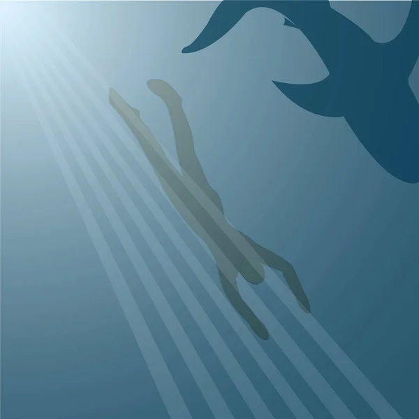 Dalgıç ve köpekbalığı siluetleri — Stok Vektör