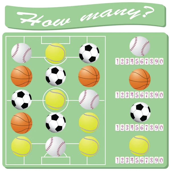 Balles de sport. Tâche logique. Compter et marquer le nombre d'objets — Image vectorielle