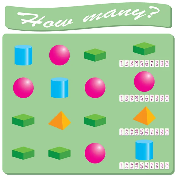 Figures géométriques tridimensionnelles. Tâche logique. Comptage et mar — Image vectorielle