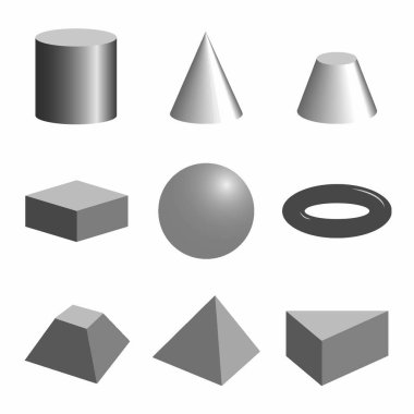 Gri hacimli geometrik şekiller kümesi