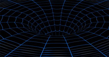 Tünel ya da solucan deliği. Dijital telgraf tüneli. Üç boyutlu tünel ızgarası. Arkaplan soyut vektör resmi