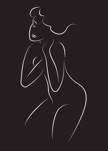 Contorno Blanco Media Sentada Hermosa Mujer Con Pelo Revoloteando Ilustración — Archivo Imágenes Vectoriales