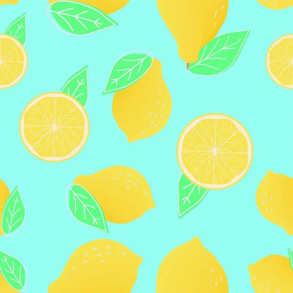 无缝的样式与黄色柠檬在明亮的蓝色背景 — 图库矢量图片