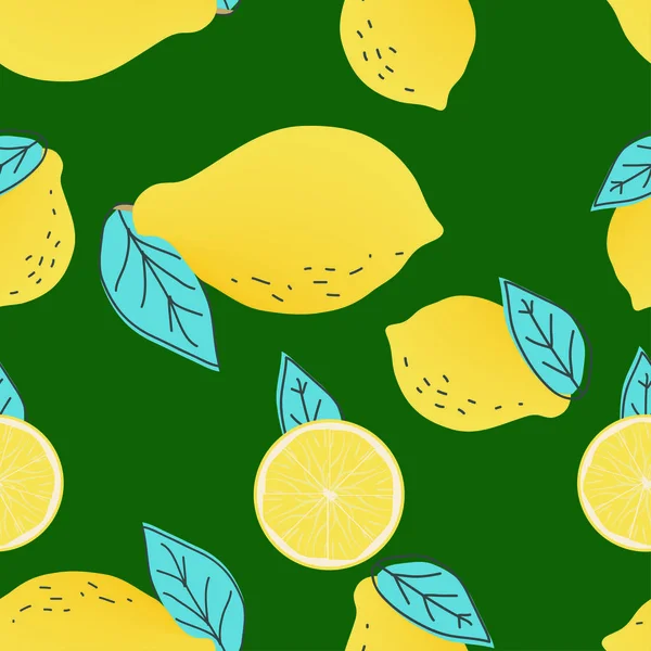 Seamless Pattern Yellow Lemons Dark Green Background — Stock Vector