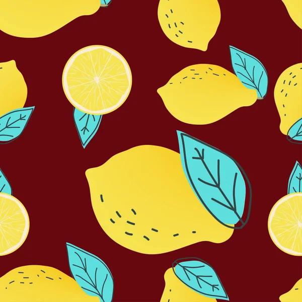 Seamless Pattern Yellow Lemons Brown Background — Stock Vector