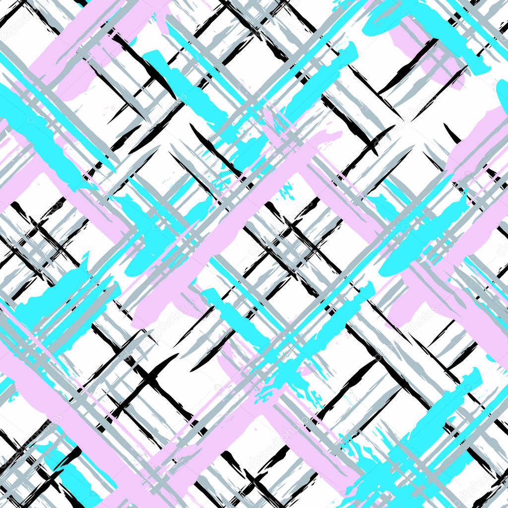 Seamless pattern with abstract print in pink, blue, black and white colors