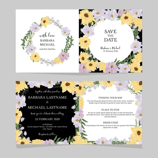 Modèle Carte Invitation Mariage Plié Floral Avec Bouquet Fleurs Jaune — Image vectorielle