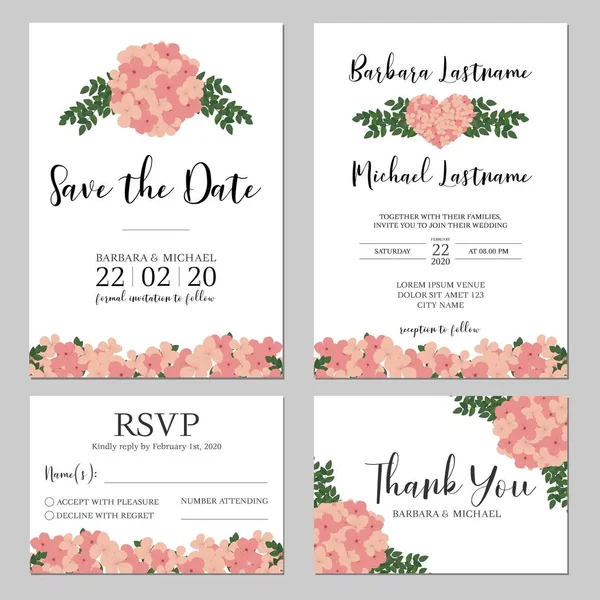 Modèle Carte Invitation Mariage Floral Avec Décoration Bouquet Fleurs Hortensia — Image vectorielle