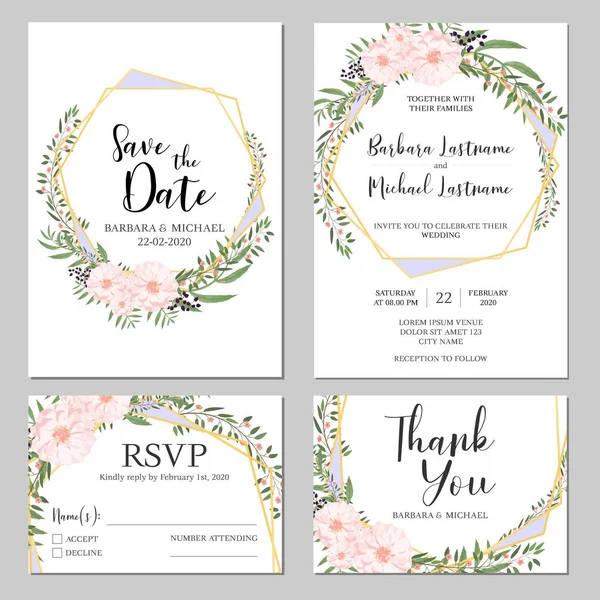 Modèle Carte Invitation Mariage Floral Avec Décoration Bouquet Fleurs Rose — Image vectorielle