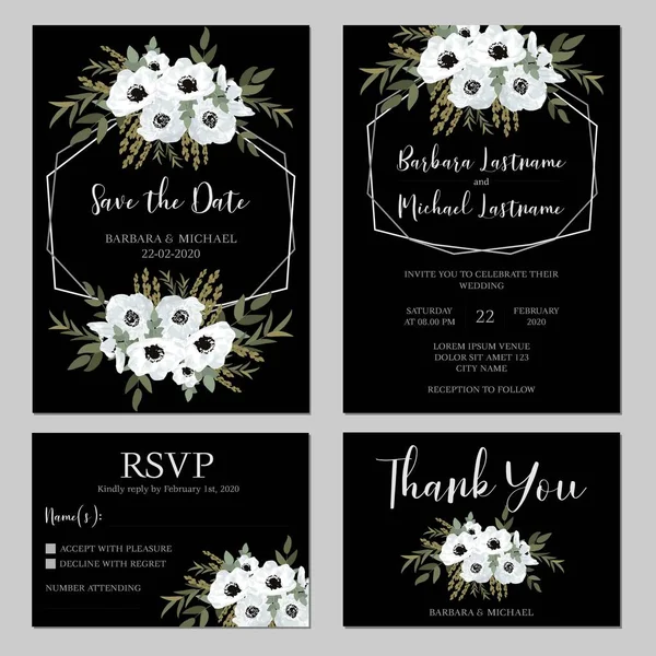 Floral Wedding Invitation Card Template Anemone Flower Bouquet — Stock Vector