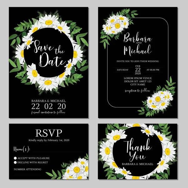 Γαμήλια Πρόσκληση Πρότυπο Κάρτα Λευκή Μαργαρίτα Λουλούδι Ανθοδέσμη Διακόσμηση — Διανυσματικό Αρχείο