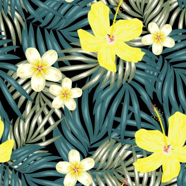 Frangipani, ebegümeci ve tropikal yaprak lar deseni