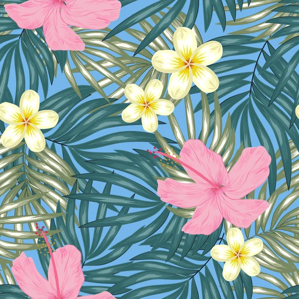 Frangipani, ebegümeci ve tropikal yaprak lar deseni