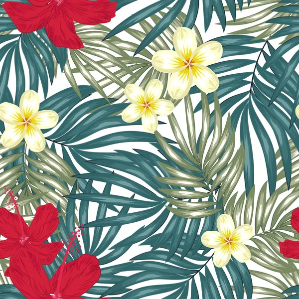 Frangipani Hibiscus Tropische Bladeren Patroon — Stockvector