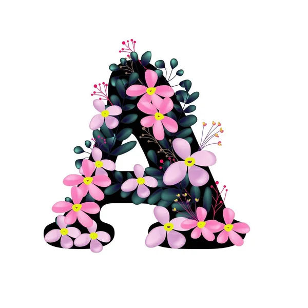 白い背景 ベクトル イラストに隔離されたピンクの花フラットアイコンを持つ美しい花の文字A — ストックベクタ