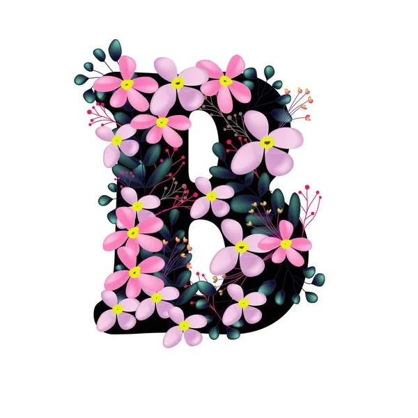 白い背景 ベクトル イラストに隔離されたピンクの花フラットアイコンと美しい花の文字B — ストックベクタ