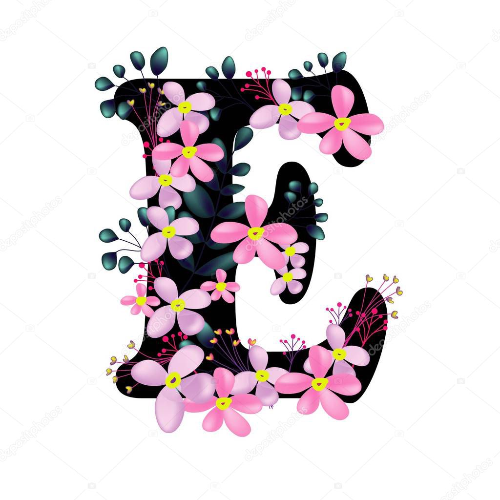 beautiful floral letter E with pink flowers flat icon isolated on white background, vector, illustration