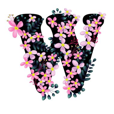beyaz arka plan, vektör, illüstrasyon izole pembe çiçekler düz simgesi ile güzel çiçek harfi W
