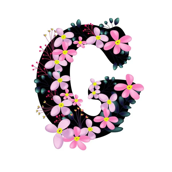 Hermosa Letra Floral Con Flores Color Rosa Icono Plano Aislado — Vector de stock