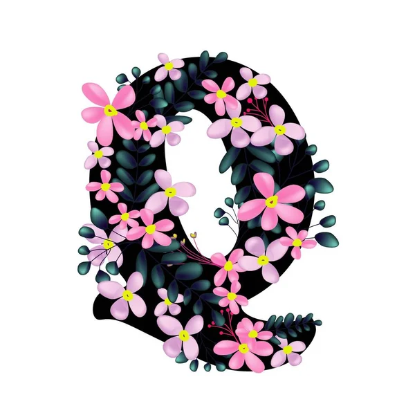 白い背景 ベクトル イラストに隔離されたピンクの花フラットアイコンと美しい花の文字Q — ストックベクタ