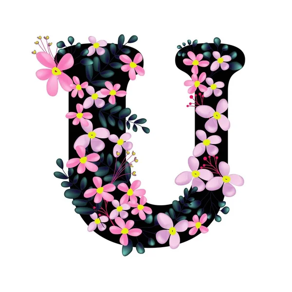 白い背景 ベクトル イラストに隔離されたピンクの花フラットアイコンと美しい花の文字U — ストックベクタ