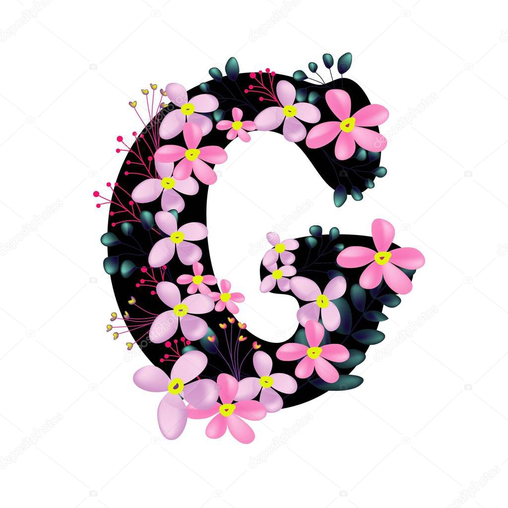 beautiful floral letter G with pink flowers flat icon isolated on white background, vector, illustration