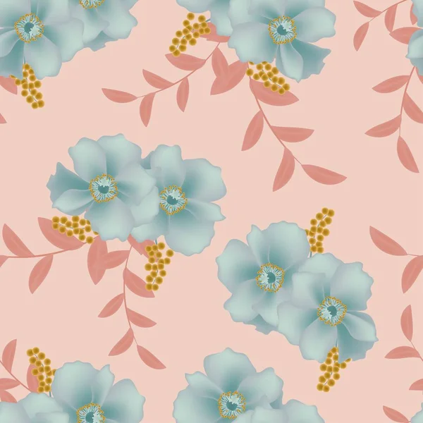 ピンクの背景に青い咲く花のパターン — ストックベクタ